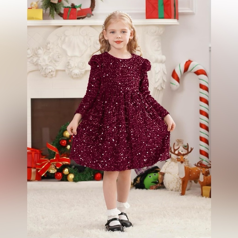Amazon Girls Sequin Velvet Dress Long Sleeve Birthday Party Dress Fall Winter